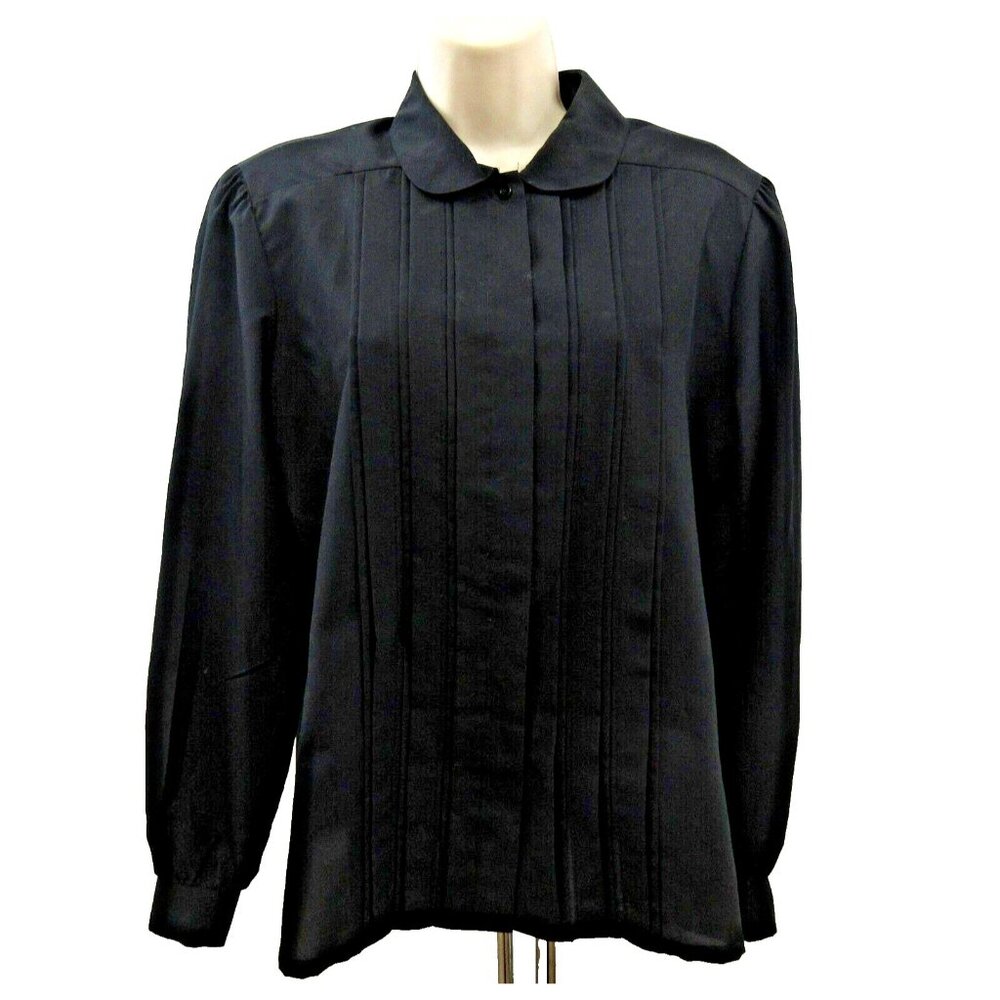 Judy Bond Blouse Womens Size 14 Black Tuxedo Pleated Front Round Collar Cuffs